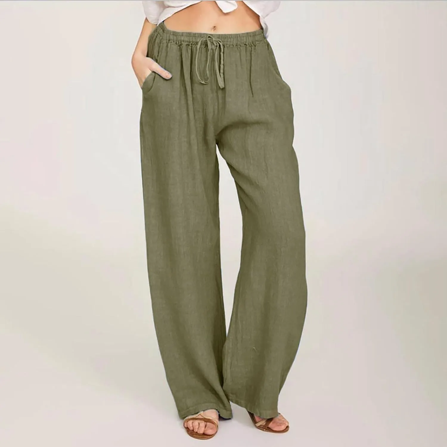 Women's Summer Cotton Linen Pants High Waist Wide Leg Loose Palazzo Trousers Casual Beach Pant Loose Fit with Pockets