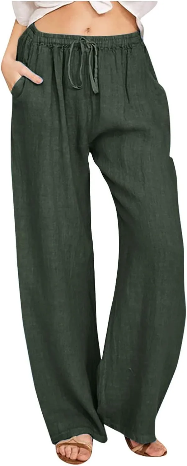 Women's Summer Cotton Linen Pants High Waist Wide Leg Loose Palazzo Trousers Casual Beach Pant Loose Fit with Pockets