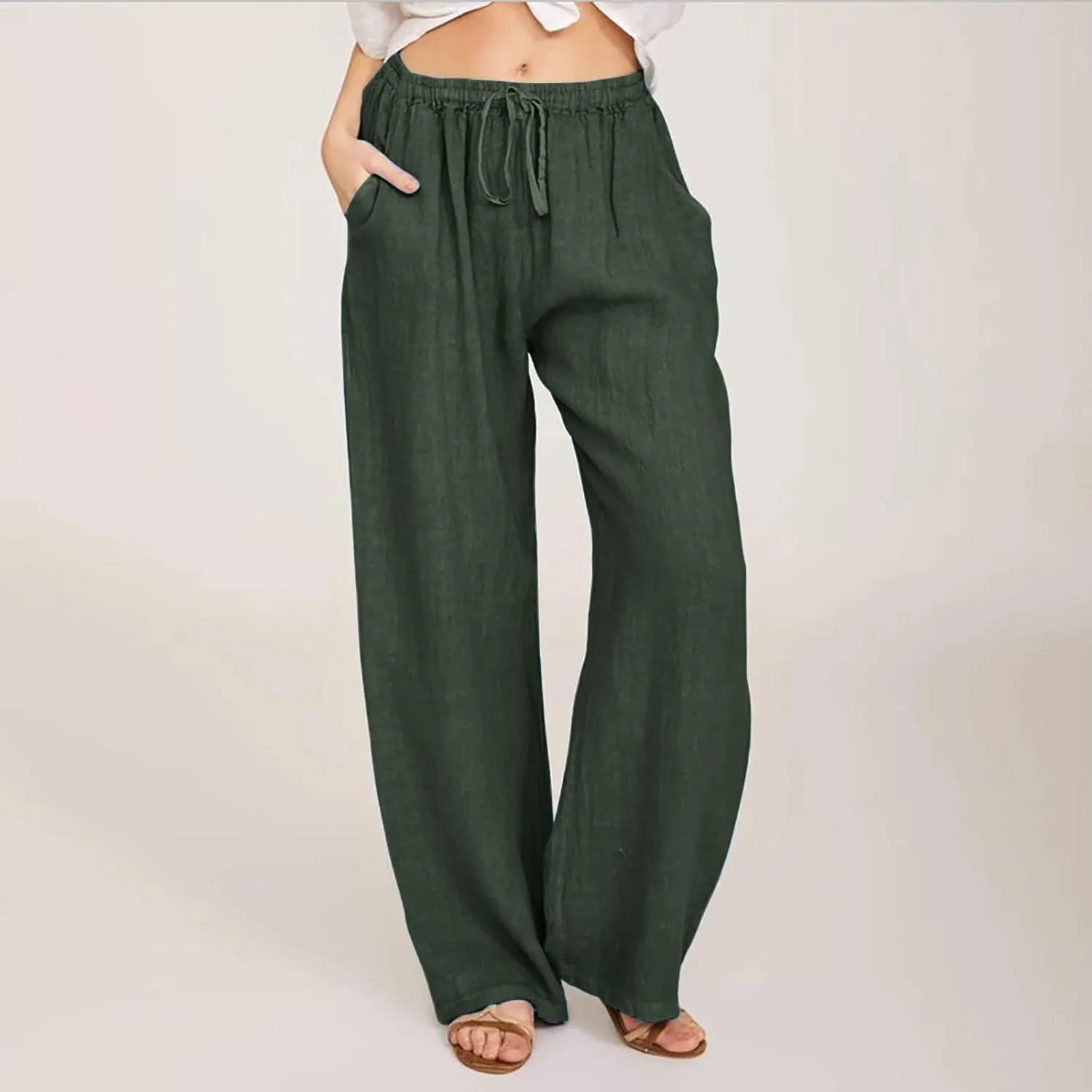 Women's Summer Cotton Linen Pants High Waist Wide Leg Loose Palazzo Trousers Casual Beach Pant Loose Fit with Pockets