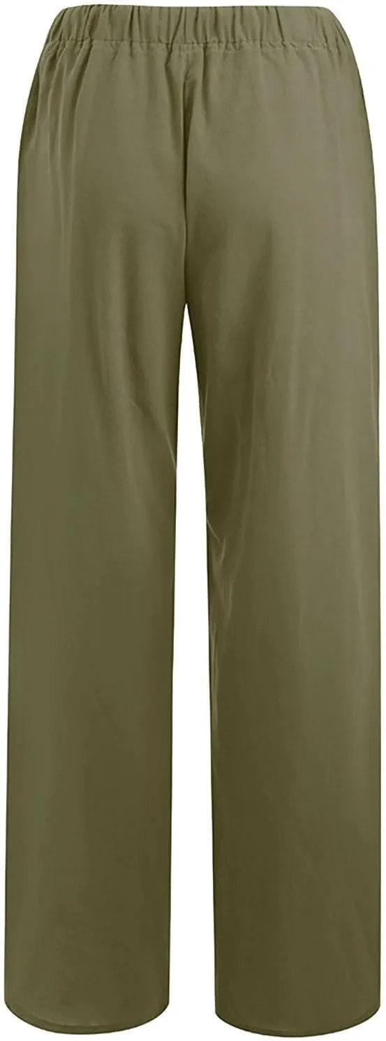 Women's Summer Cotton Linen Pants High Waist Wide Leg Loose Palazzo Trousers Casual Beach Pant Loose Fit with Pockets