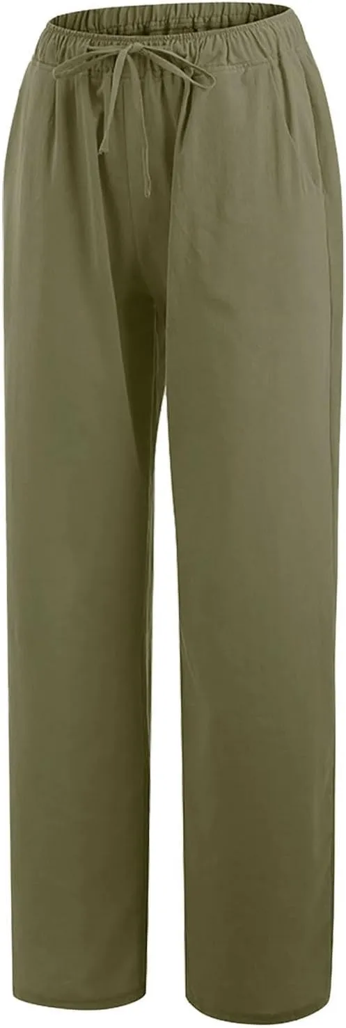 Women's Summer Cotton Linen Pants High Waist Wide Leg Loose Palazzo Trousers Casual Beach Pant Loose Fit with Pockets