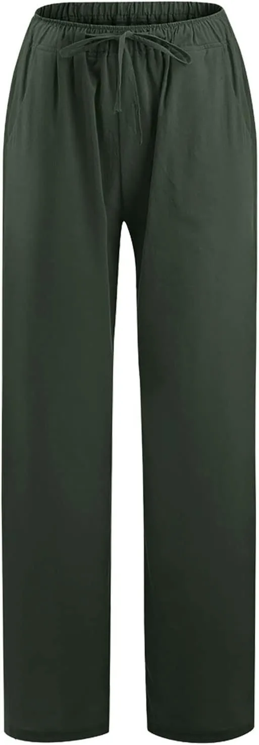 Women's Summer Cotton Linen Pants High Waist Wide Leg Loose Palazzo Trousers Casual Beach Pant Loose Fit with Pockets