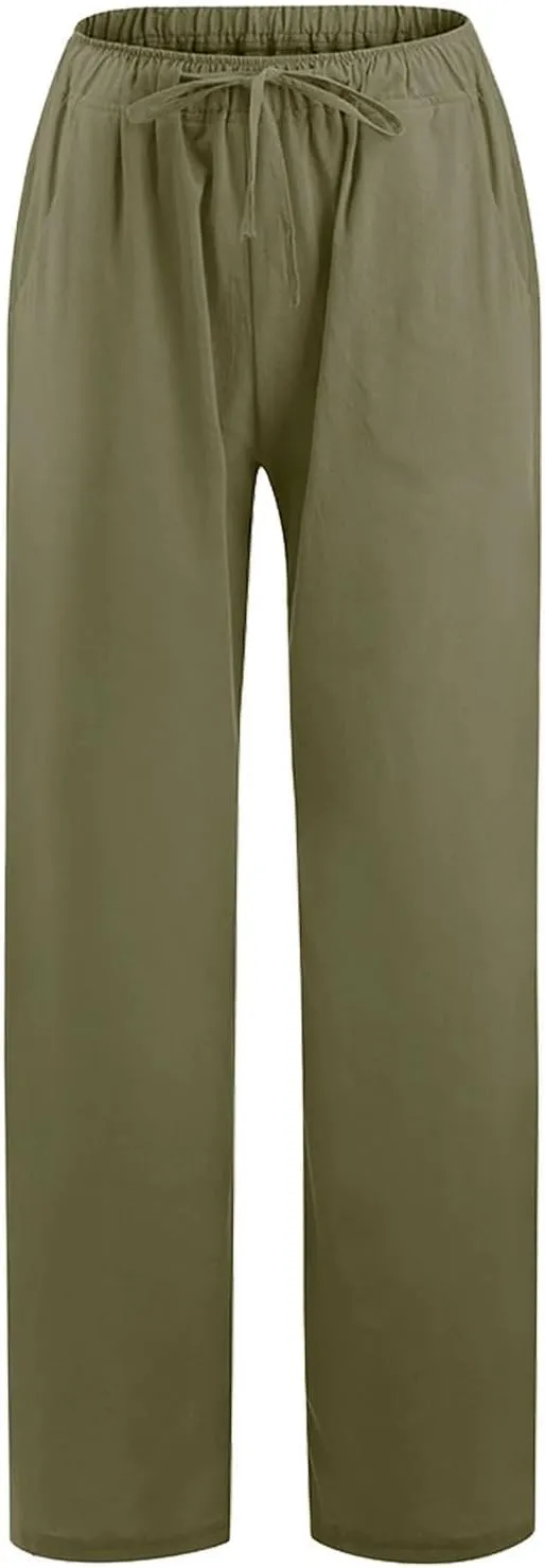 Women's Summer Cotton Linen Pants High Waist Wide Leg Loose Palazzo Trousers Casual Beach Pant Loose Fit with Pockets