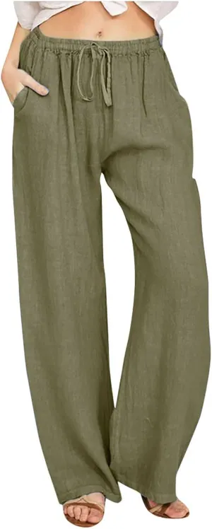 Women's Summer Cotton Linen Pants High Waist Wide Leg Loose Palazzo Trousers Casual Beach Pant Loose Fit with Pockets