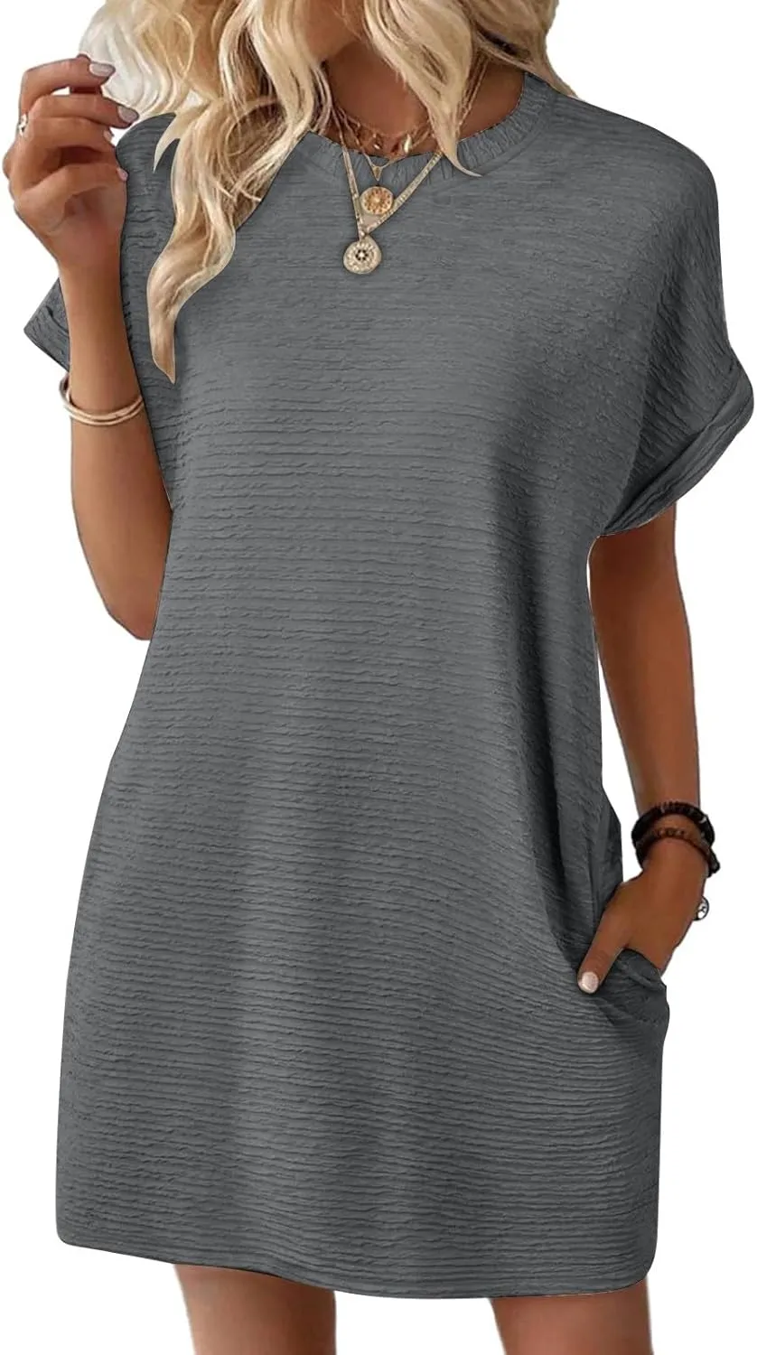 Womens Summer Dresses Fashion 2025 Short Sleeve Crewneck Mini Shirt Dress Casual Beach Vacation Sundress with Pocket