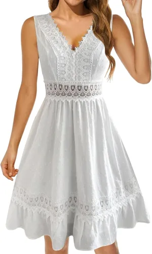 Women's Summer Lace Hollow Out Dress Sexy V Neck Sleeveless A-Line Mini Dress Solid Flutter Ruffle Short Boho Beach Dress, Large, A#2-white