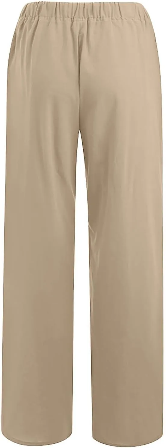 Women's Summer Linen Pants Flowy Wide Leg Long Lounge Pant Drawstring Trousers Business Casual Joggers Slacks Pockets