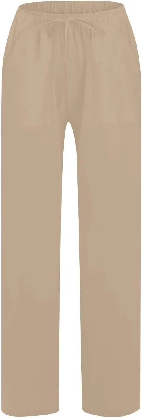 Women's Summer Linen Pants Flowy Wide Leg Long Lounge Pant Drawstring Trousers Business Casual Joggers Slacks Pockets
