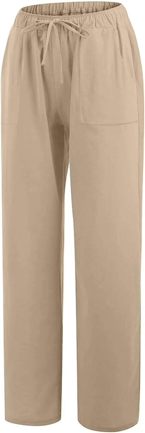 Women's Summer Linen Pants Flowy Wide Leg Long Lounge Pant Drawstring Trousers Business Casual Joggers Slacks Pockets