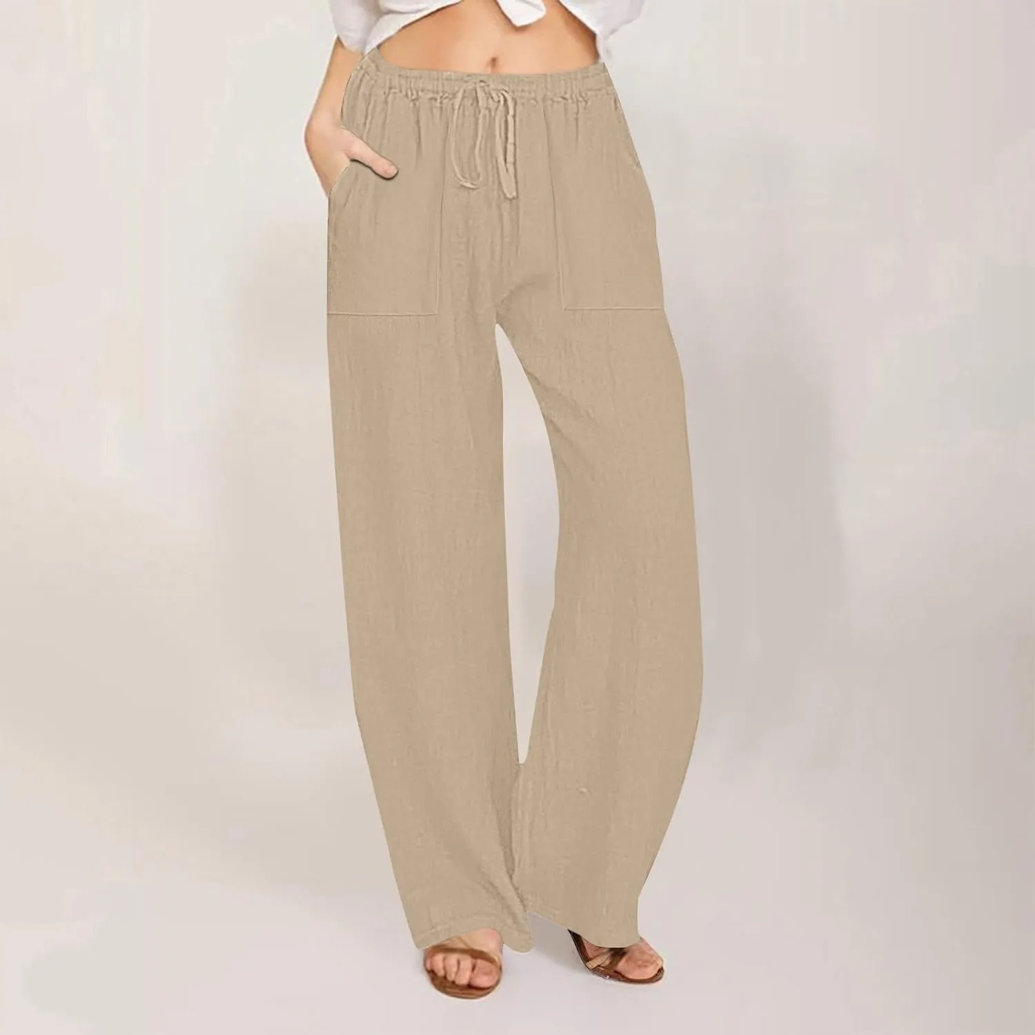 Women's Summer Linen Pants Flowy Wide Leg Long Lounge Pant Drawstring Trousers Business Casual Joggers Slacks Pockets