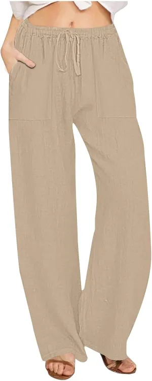 Women's Summer Linen Pants Flowy Wide Leg Long Lounge Pant Drawstring Trousers Business Casual Joggers Slacks Pockets