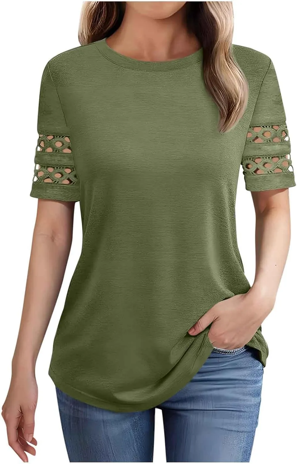 Womens Summer Tops Solid Color Business Casual Tshirts Hollow Out Short Sleeve Round Neck Blouse Basic T Shirt