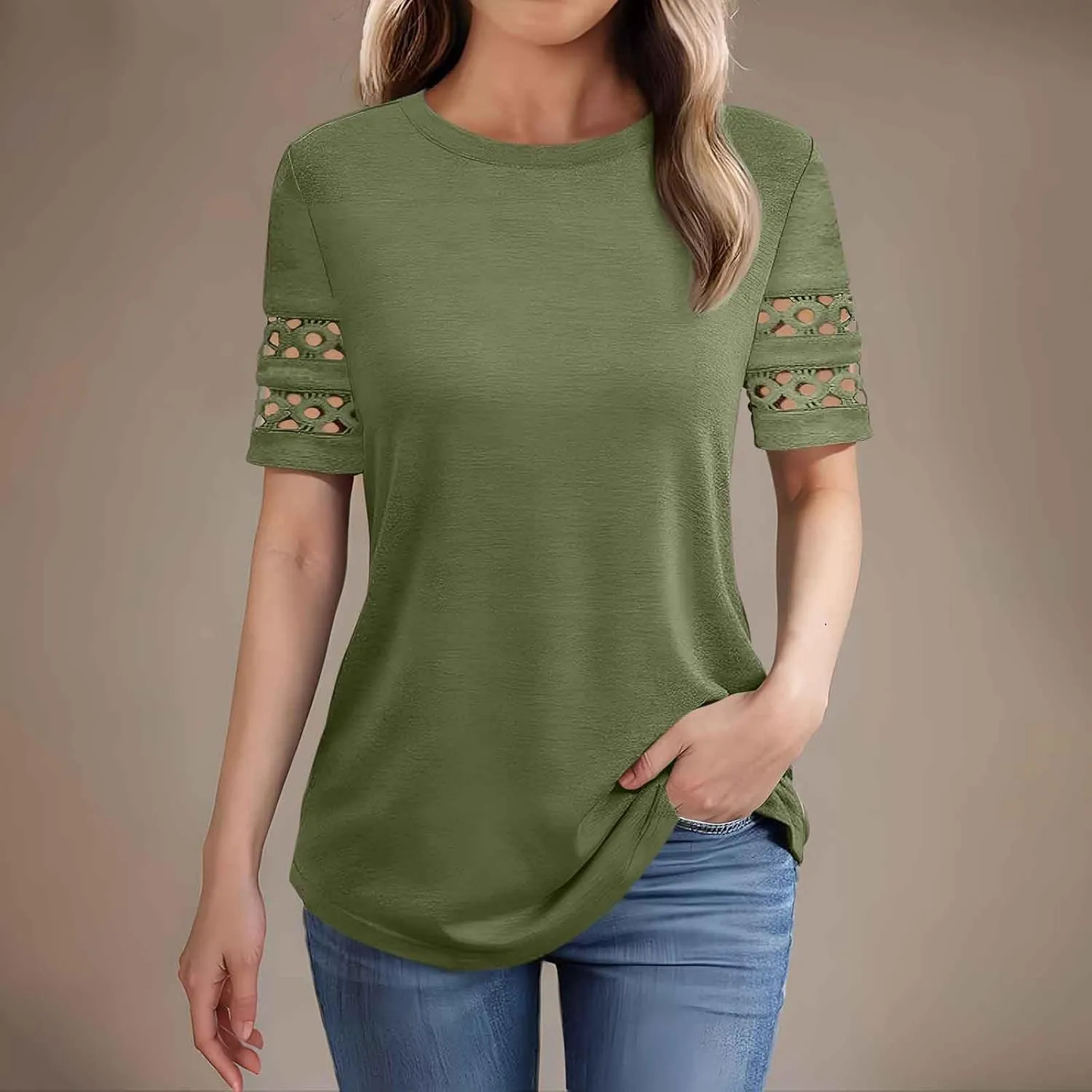 Womens Summer Tops Solid Color Business Casual Tshirts Hollow Out Short Sleeve Round Neck Blouse Basic T Shirt