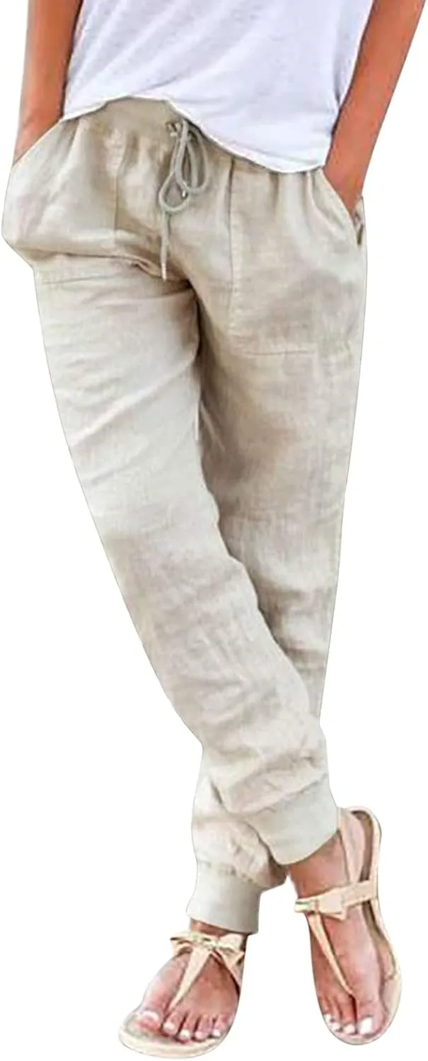 Womens Tapered Linen Pants Ankle Cotton Linen Drawstring Back Elastic Waist Pants Casual Trousers Capris with Pockets