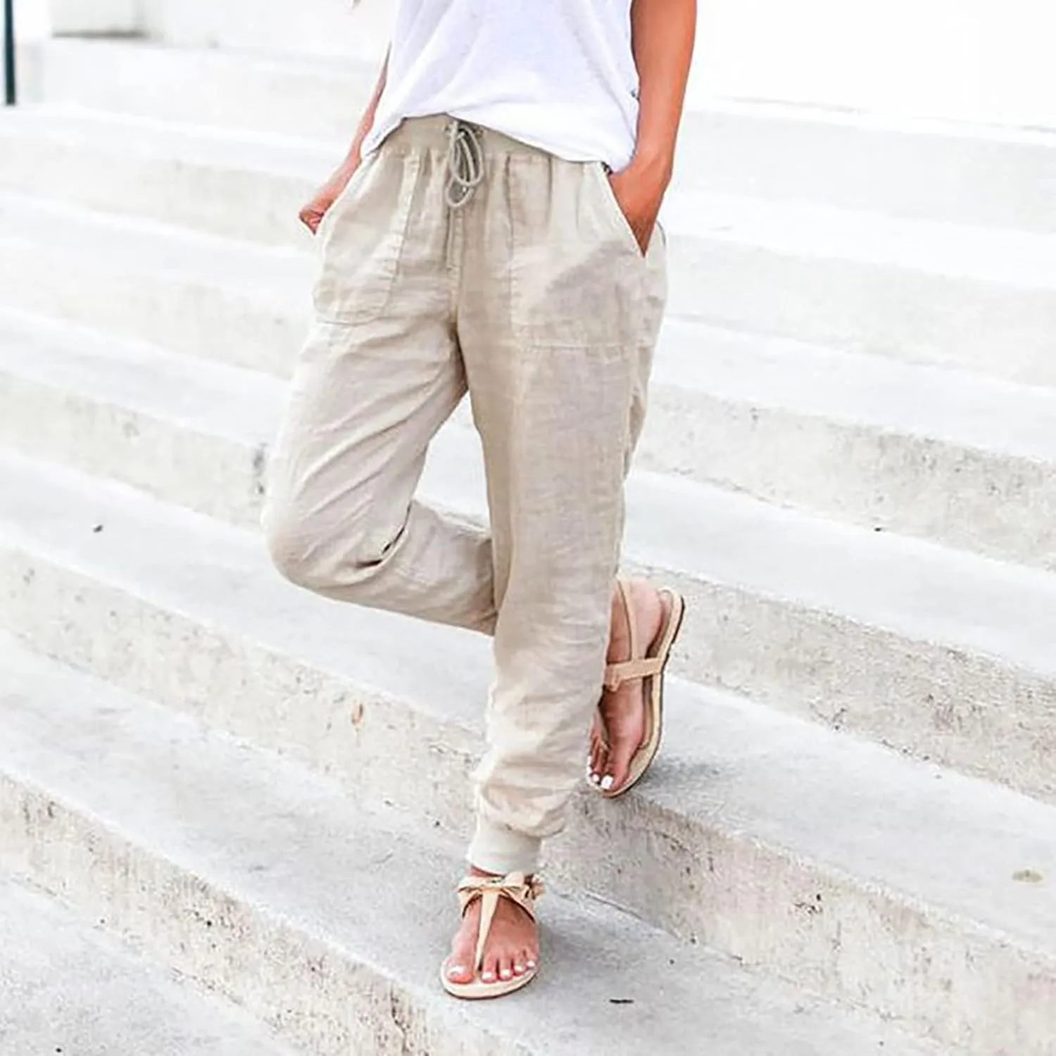 Womens Tapered Linen Pants Ankle Cotton Linen Drawstring Back Elastic Waist Pants Casual Trousers Capris with Pockets