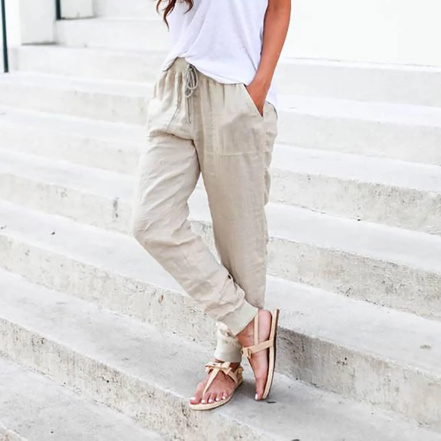 Womens Tapered Linen Pants Ankle Cotton Linen Drawstring Back Elastic Waist Pants Casual Trousers Capris with Pockets