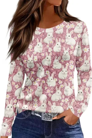 Women's Tops Long Sleeve Spring Shirts 2025 Trendy Loose Fit Crew Neck Floral Print Dressy Blouses
