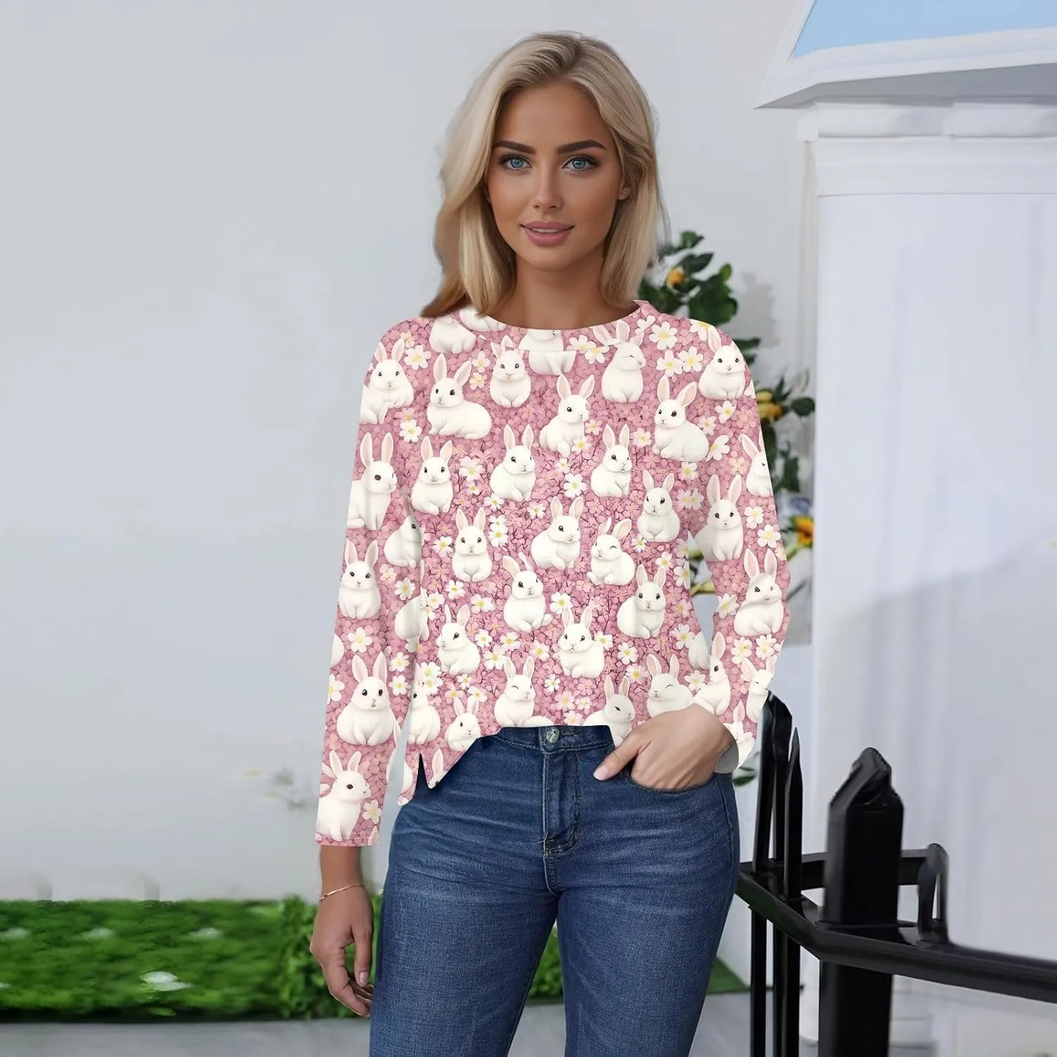 Women's Tops Long Sleeve Spring Shirts 2025 Trendy Loose Fit Crew Neck Floral Print Dressy Blouses