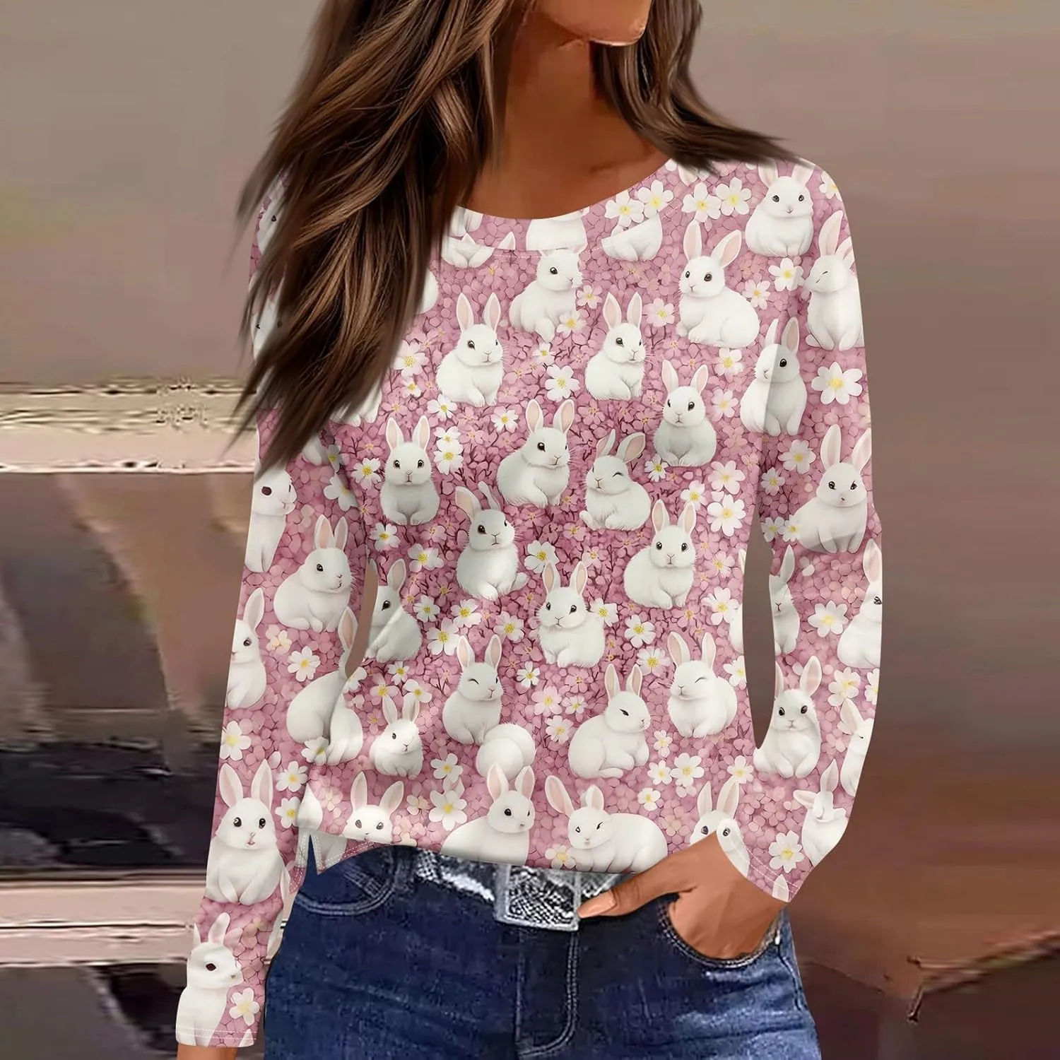 Women's Tops Long Sleeve Spring Shirts 2025 Trendy Loose Fit Crew Neck Floral Print Dressy Blouses