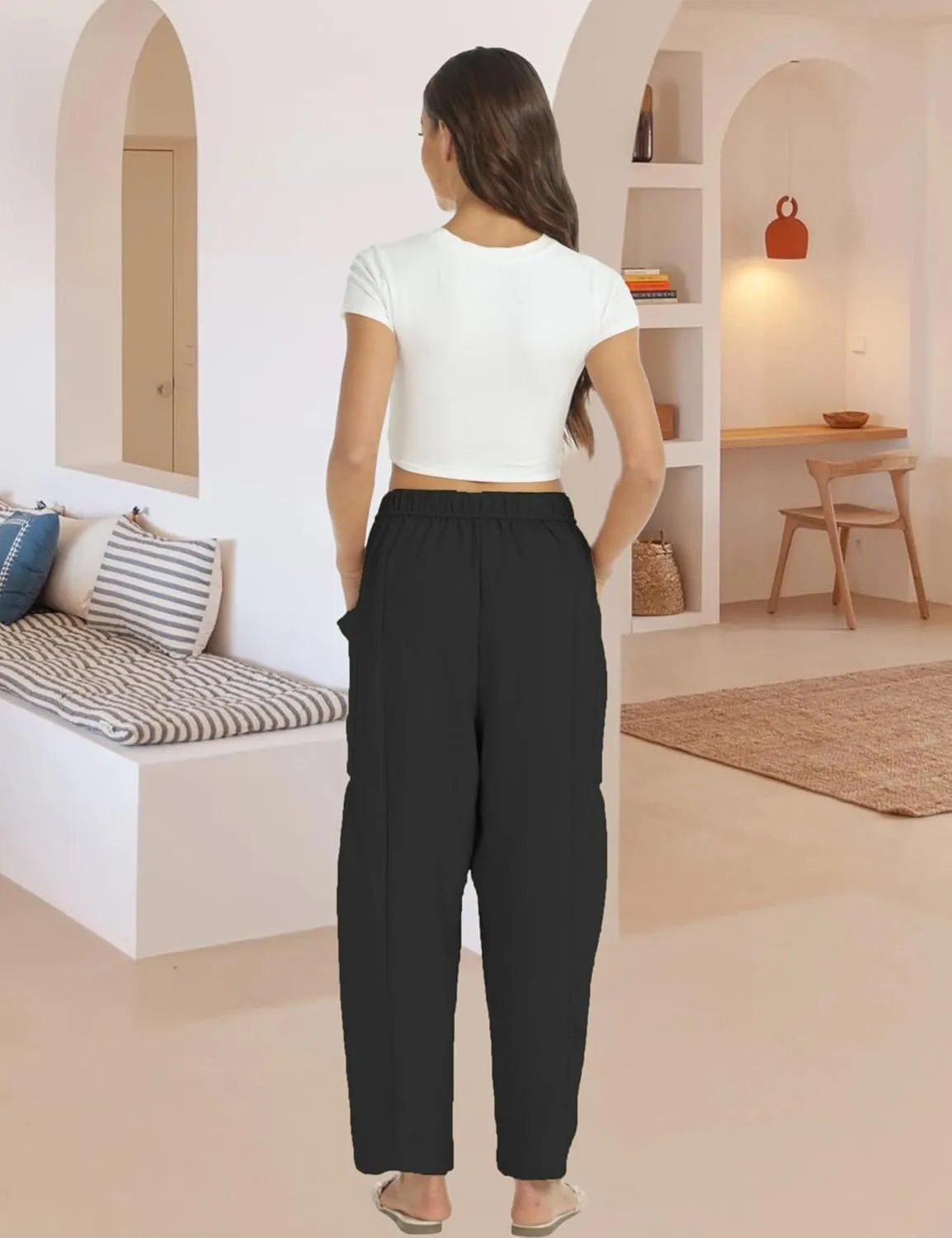 Womens Wide Leg Elastic Waist Beach Pants Summer Casual Baggy Palazzo Harem Pants Trousers with Pockets