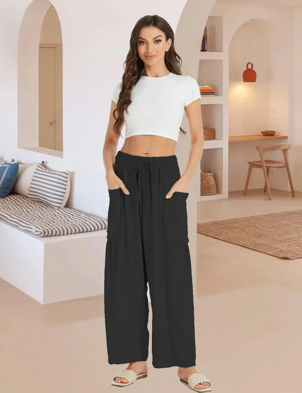 Womens Wide Leg Elastic Waist Beach Pants Summer Casual Baggy Palazzo Harem Pants Trousers with Pockets