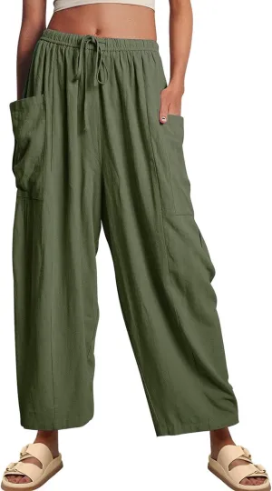 Womens Wide Leg Elastic Waist Beach Pants Summer Casual Baggy Palazzo Harem Pants Trousers with Pockets