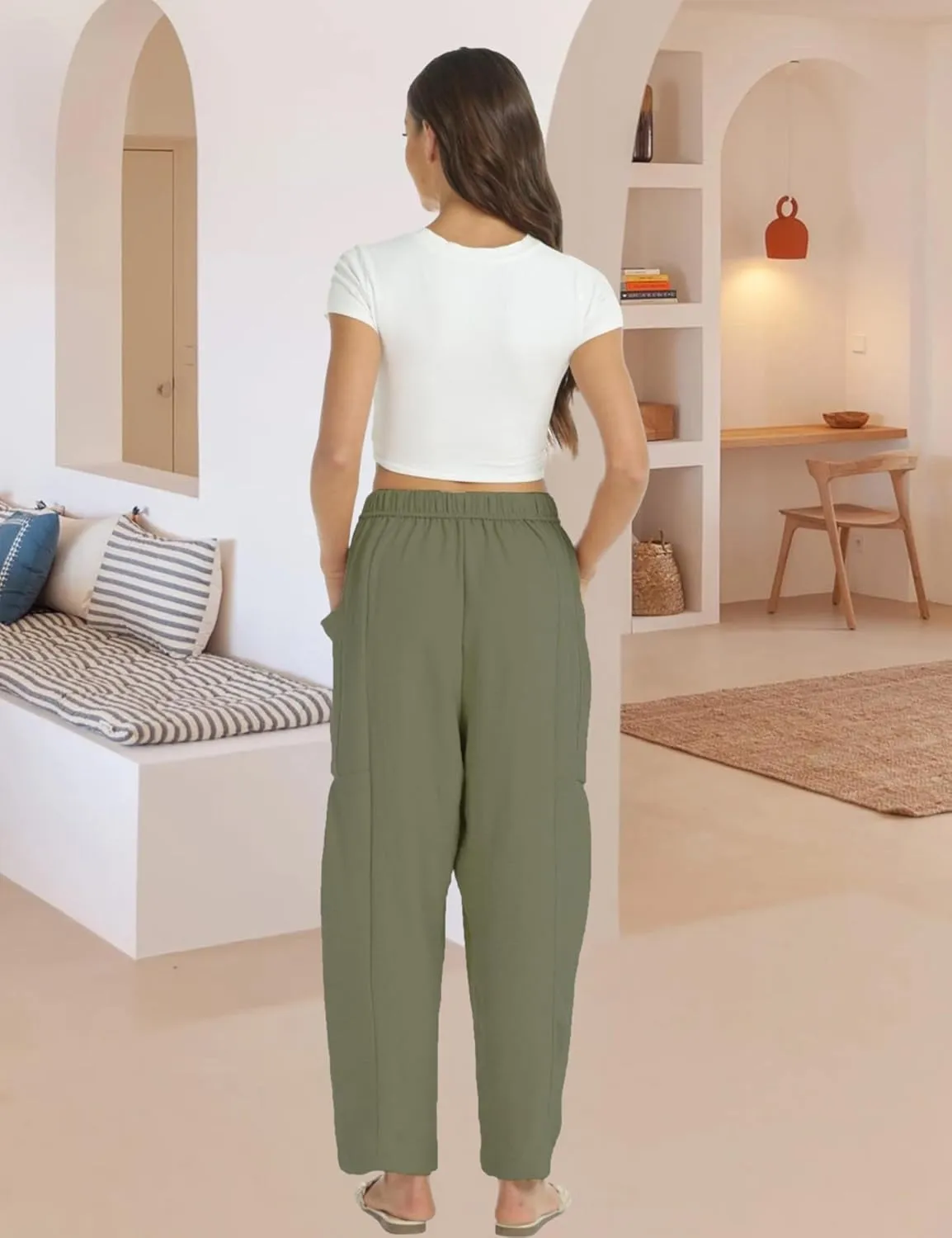 Womens Wide Leg Elastic Waist Beach Pants Summer Casual Baggy Palazzo Harem Pants Trousers with Pockets