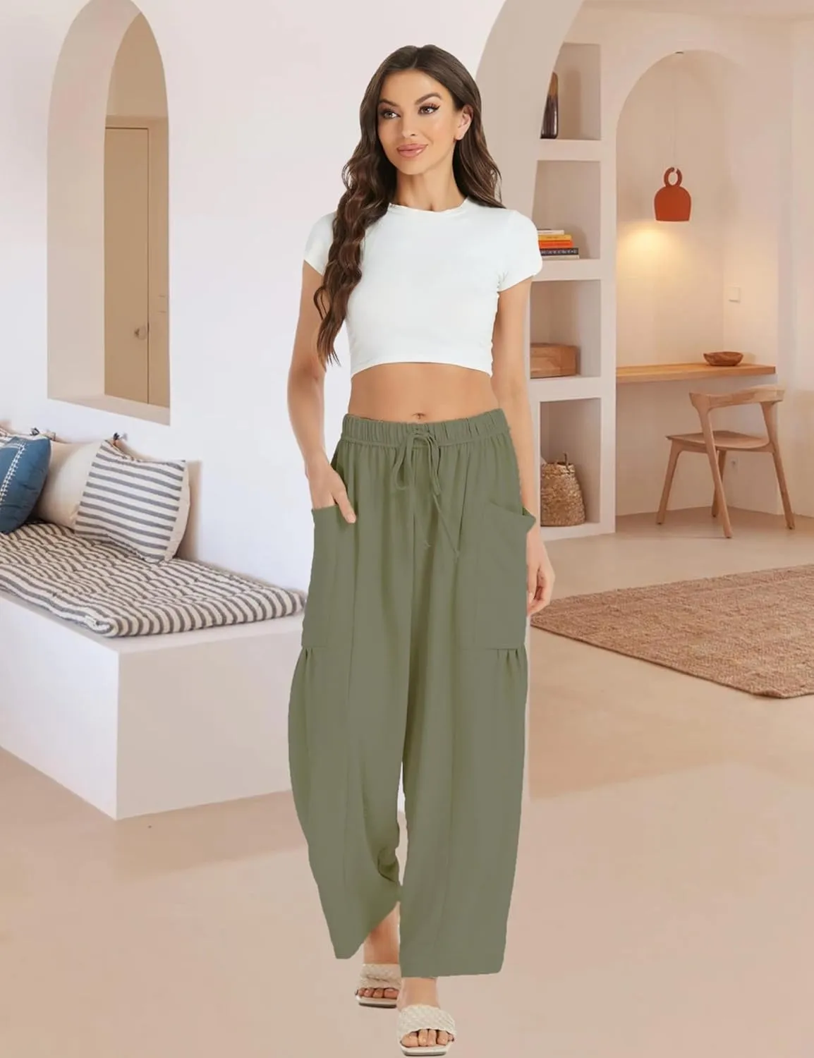 Womens Wide Leg Elastic Waist Beach Pants Summer Casual Baggy Palazzo Harem Pants Trousers with Pockets