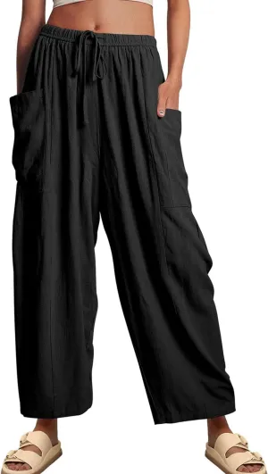 Womens Wide Leg Elastic Waist Beach Pants Summer Casual Baggy Palazzo Harem Pants Trousers with Pockets