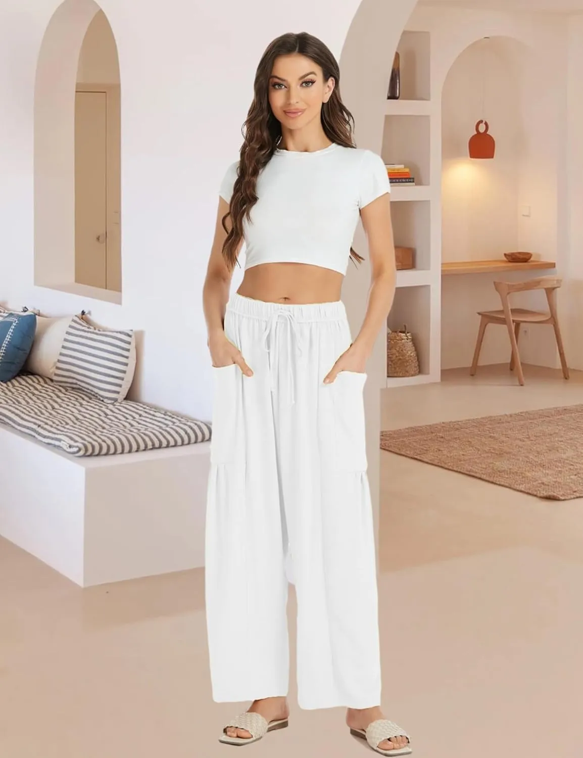 Womens Wide Leg Elastic Waist Beach Pants Summer Casual Baggy Palazzo Harem Pants Trousers with Pockets
