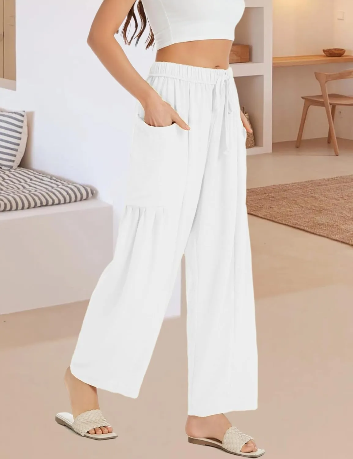 Womens Wide Leg Elastic Waist Beach Pants Summer Casual Baggy Palazzo Harem Pants Trousers with Pockets
