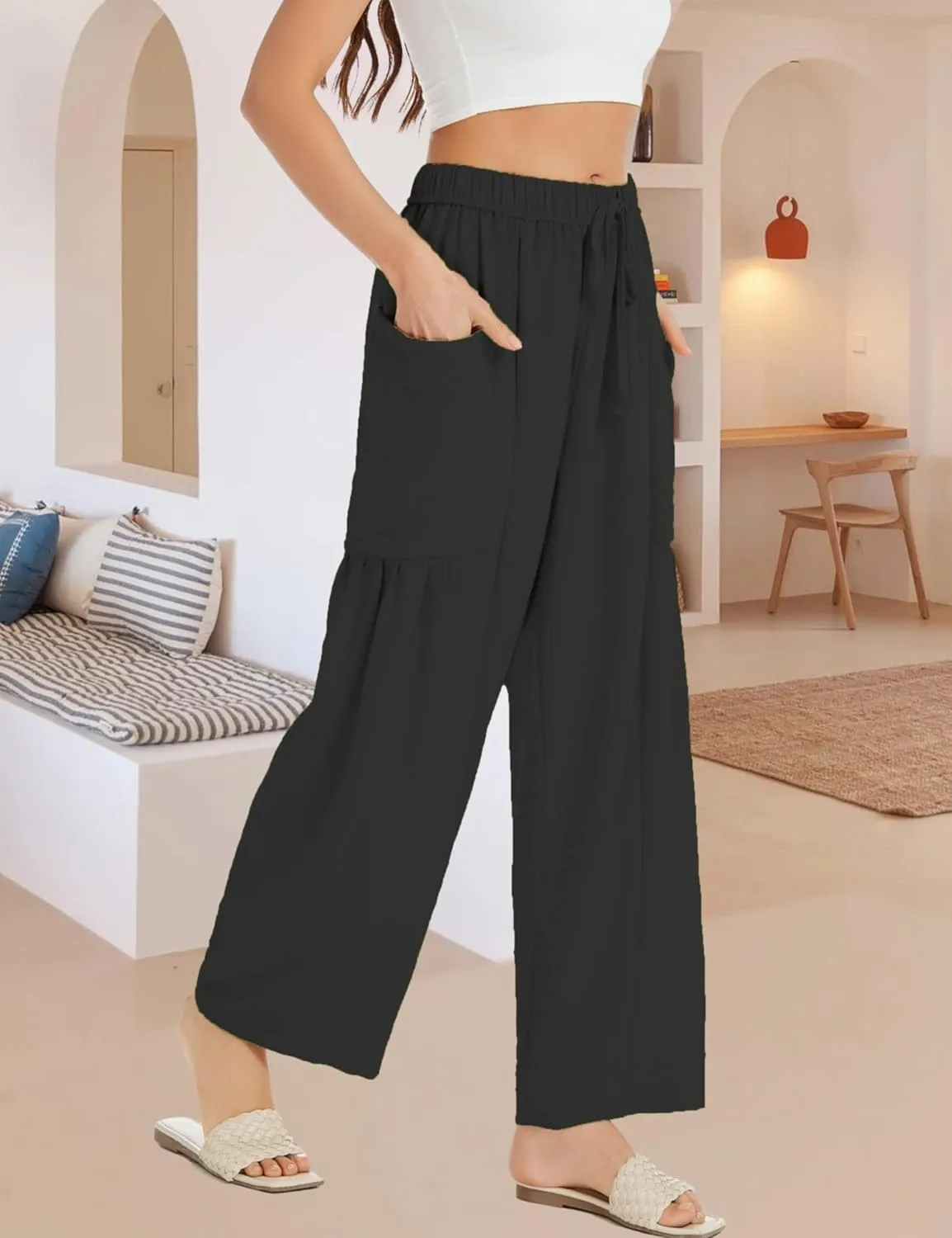 Womens Wide Leg Elastic Waist Beach Pants Summer Casual Baggy Palazzo Harem Pants Trousers with Pockets
