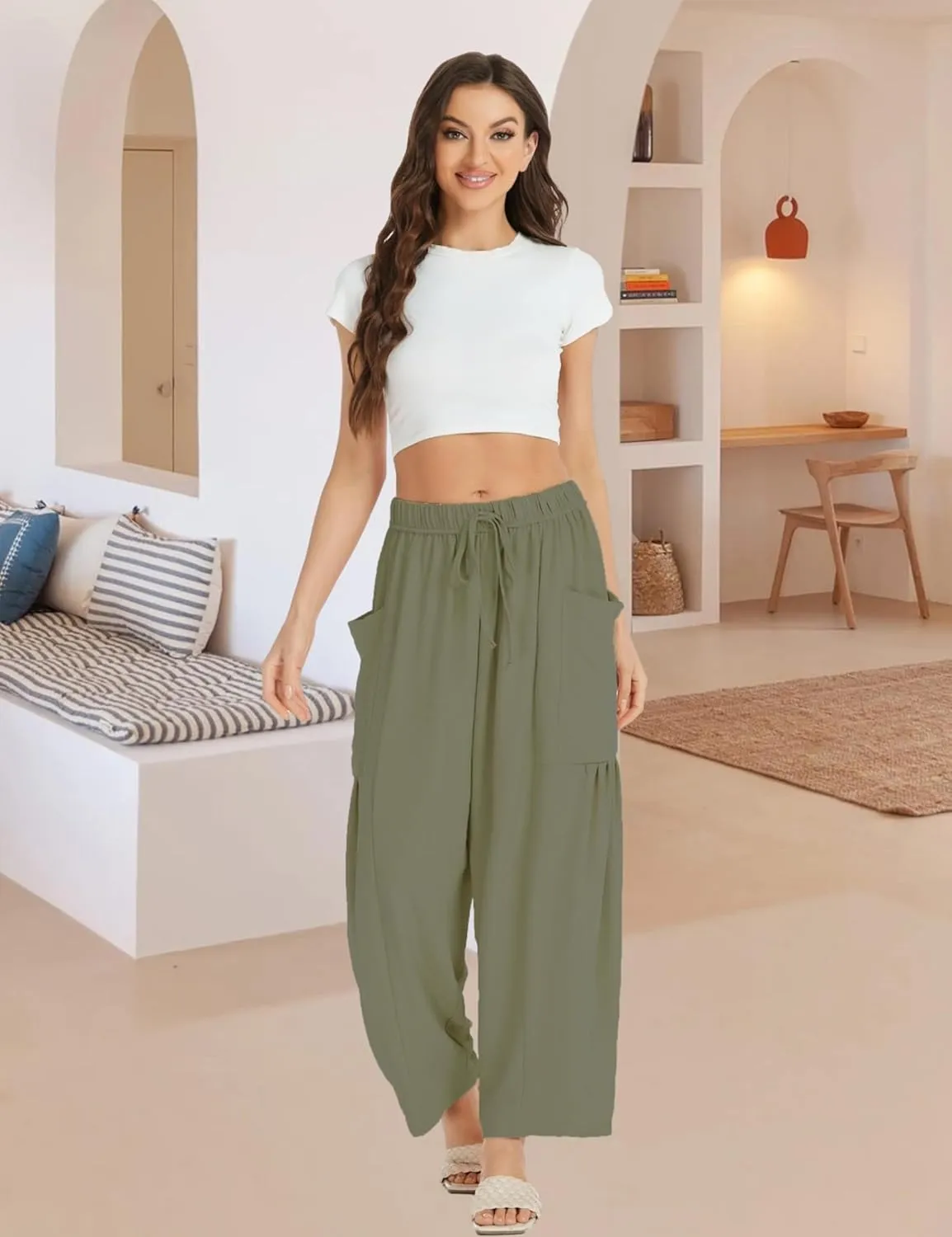 Womens Wide Leg Elastic Waist Beach Pants Summer Casual Baggy Palazzo Harem Pants Trousers with Pockets