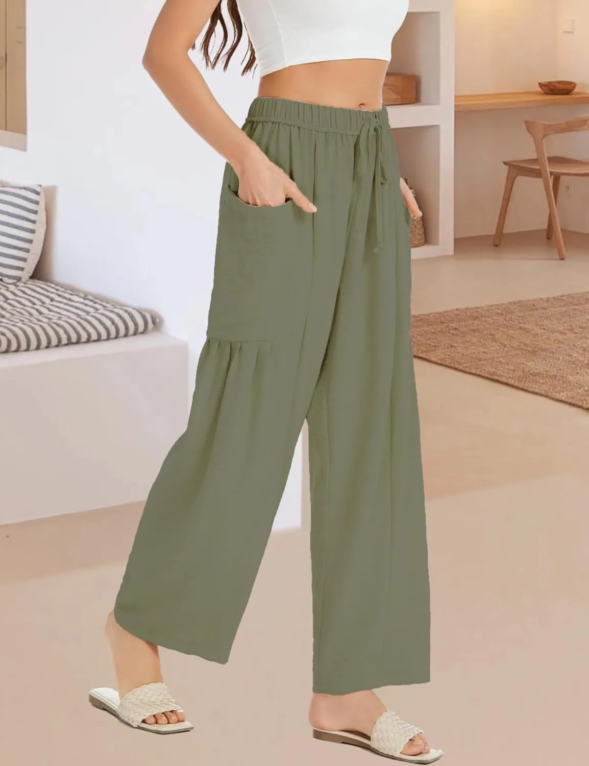 Womens Wide Leg Elastic Waist Beach Pants Summer Casual Baggy Palazzo Harem Pants Trousers with Pockets
