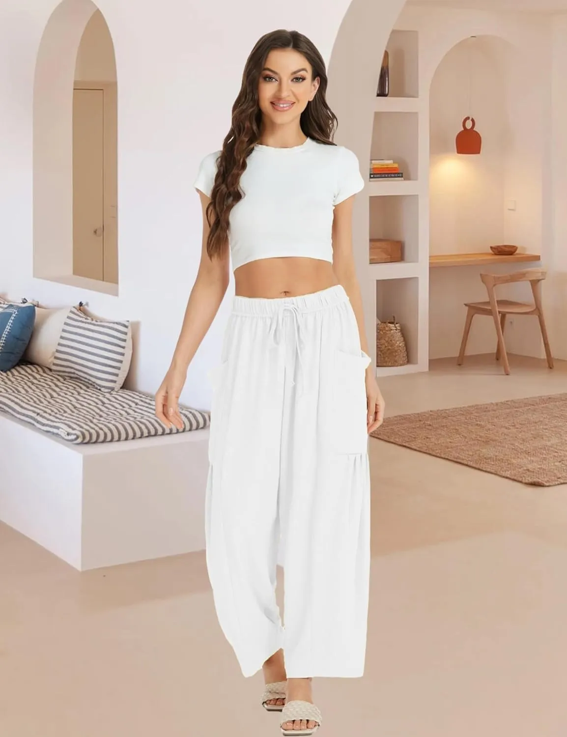 Womens Wide Leg Elastic Waist Beach Pants Summer Casual Baggy Palazzo Harem Pants Trousers with Pockets