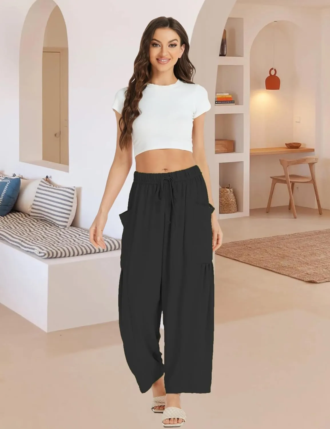 Womens Wide Leg Elastic Waist Beach Pants Summer Casual Baggy Palazzo Harem Pants Trousers with Pockets