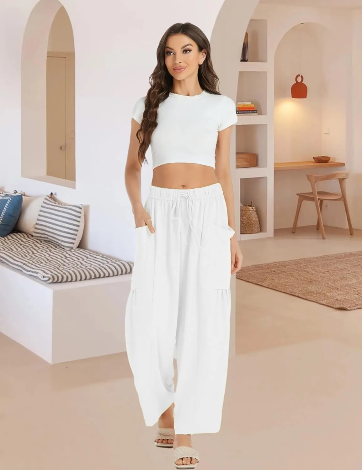 Womens Wide Leg Elastic Waist Beach Pants Summer Casual Baggy Palazzo Harem Pants Trousers with Pockets