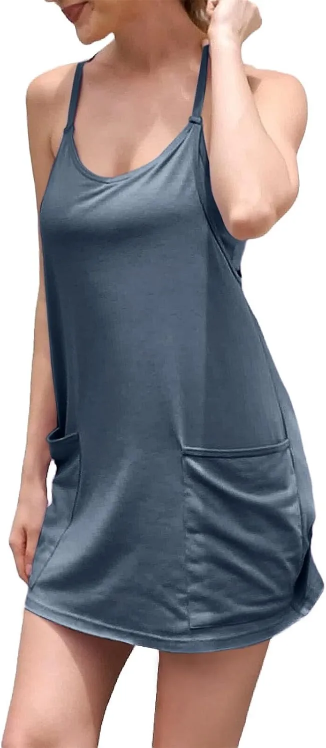 Womens Workout Romper Dress with Shorts Underneath Sleeveless Spaghetti Straps Athletic Outfits Casual Vacation