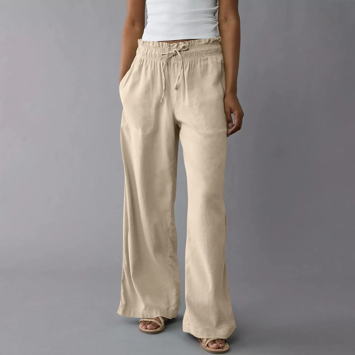 Work Pants Women High Waisted Summer Drawstring Linen Pants Comfy Straight Leg Baggy Beach Trousers with Pockets