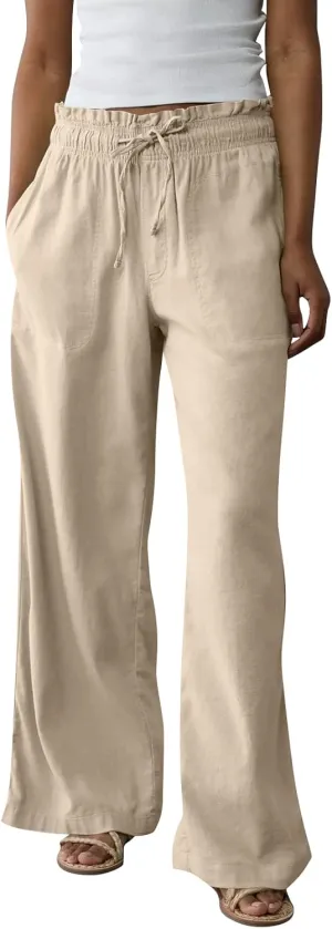 Work Pants Women High Waisted Summer Drawstring Linen Pants Comfy Straight Leg Baggy Beach Trousers with Pockets