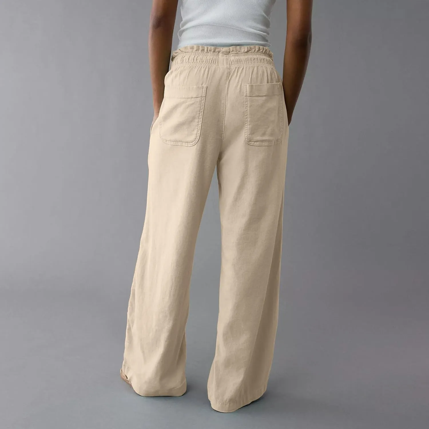 Work Pants Women High Waisted Summer Drawstring Linen Pants Comfy Straight Leg Baggy Beach Trousers with Pockets