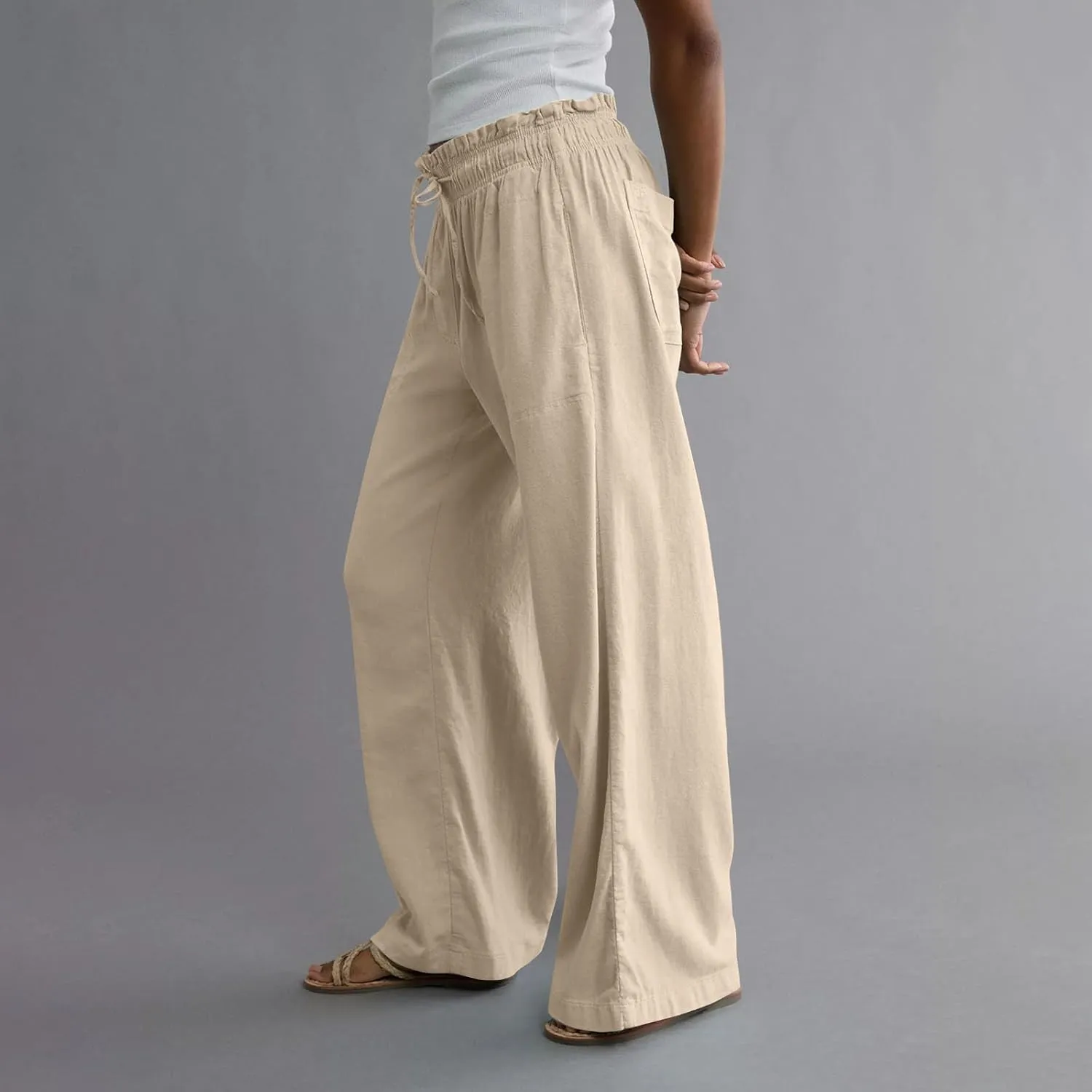 Work Pants Women High Waisted Summer Drawstring Linen Pants Comfy Straight Leg Baggy Beach Trousers with Pockets