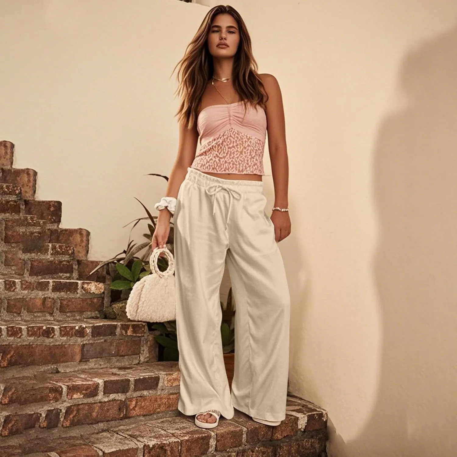 Work Pants Women High Waisted Summer Drawstring Linen Pants Comfy Straight Leg Baggy Beach Trousers with Pockets