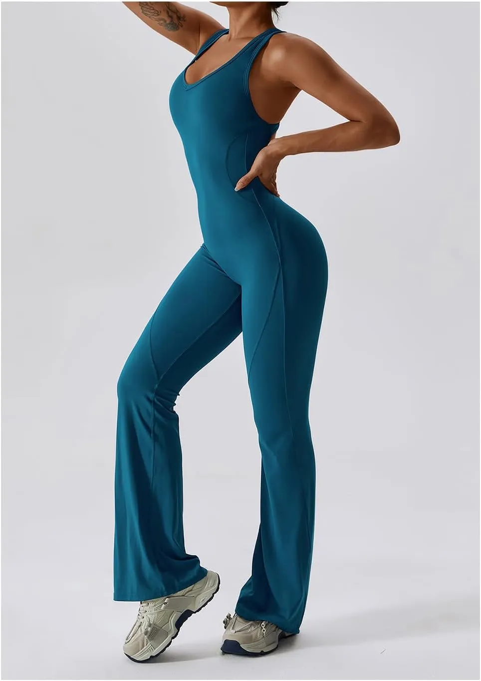 Workout Flare Jumpsuit for Women - Sleeveless Bodysuit One Piece Backless Bodycon Seamless Romper