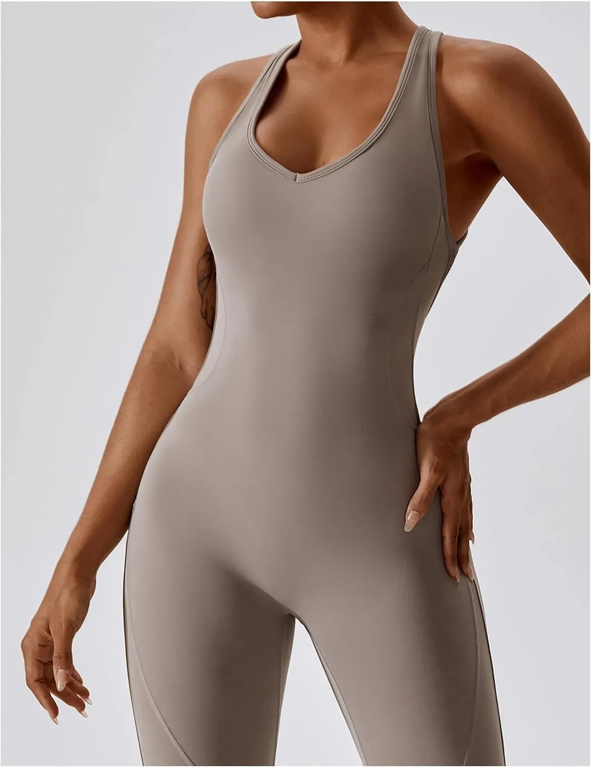 Workout Flare Jumpsuit for Women - Sleeveless Bodysuit One Piece Backless Bodycon Seamless Romper