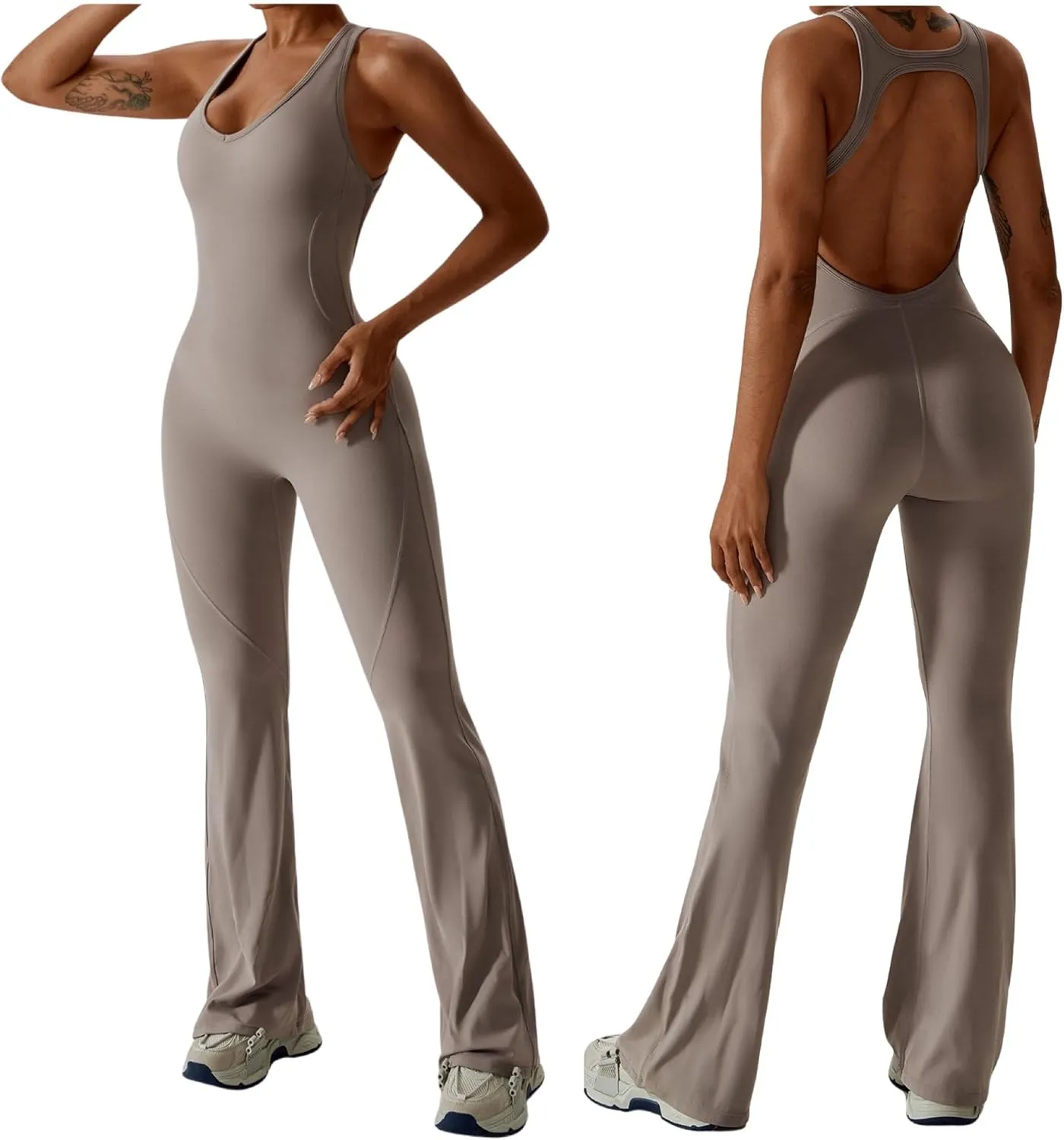 Workout Flare Jumpsuit for Women - Sleeveless Bodysuit One Piece Backless Bodycon Seamless Romper