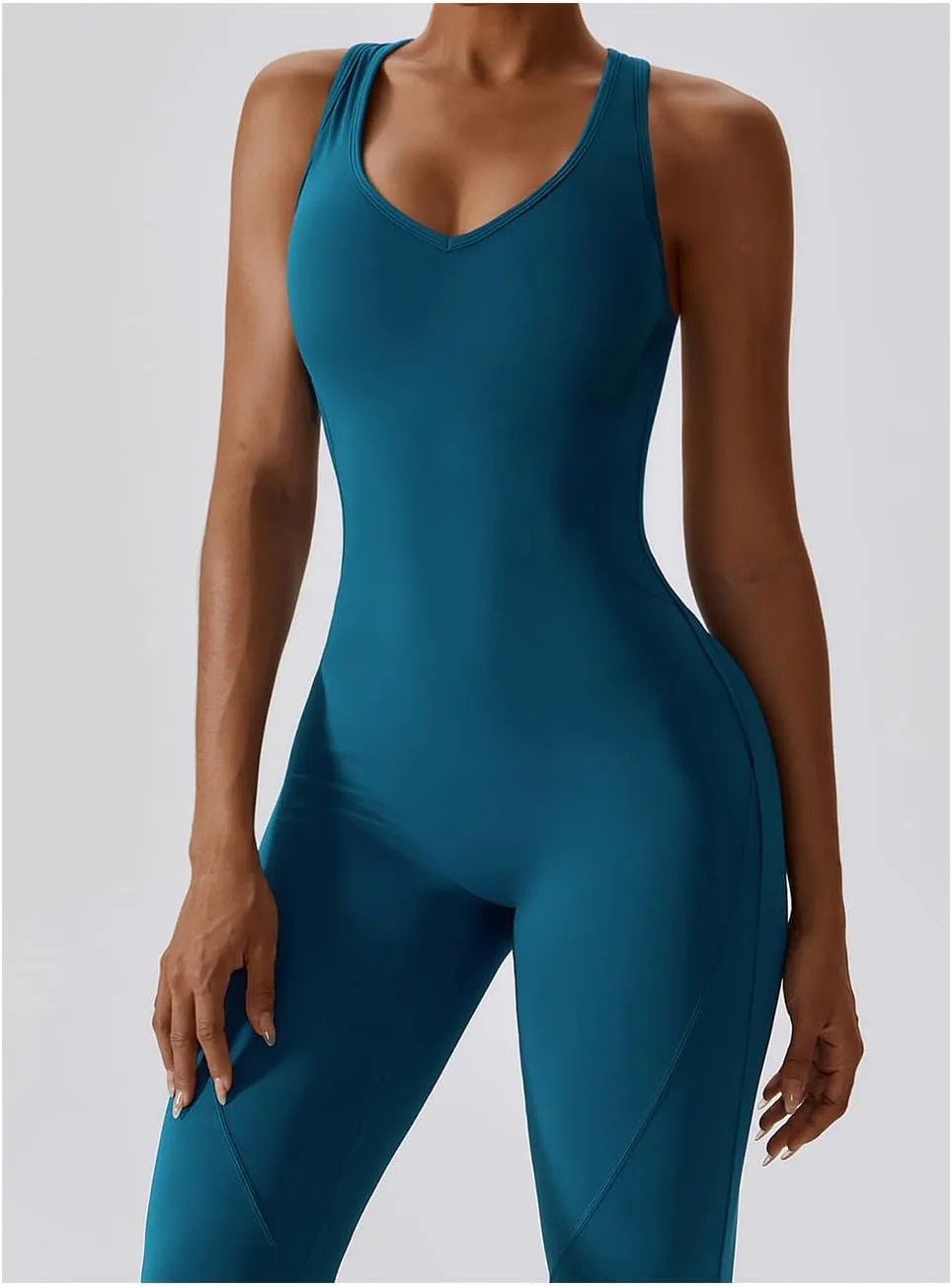Workout Flare Jumpsuit for Women - Sleeveless Bodysuit One Piece Backless Bodycon Seamless Romper