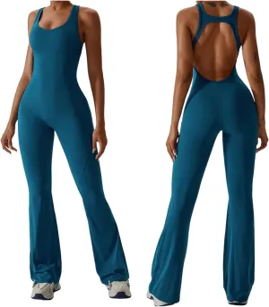 Workout Flare Jumpsuit for Women - Sleeveless Bodysuit One Piece Backless Bodycon Seamless Romper