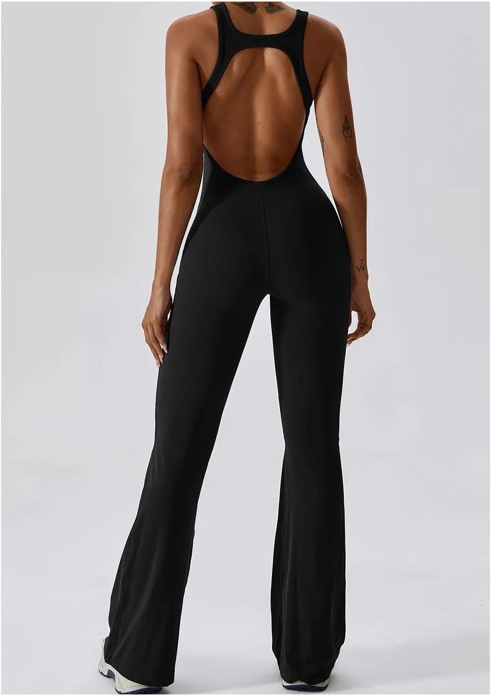 Workout Flare Jumpsuit for Women - Sleeveless Bodysuit One Piece Backless Bodycon Seamless Romper