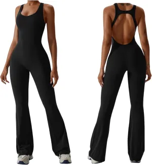Workout Flare Jumpsuit for Women - Sleeveless Bodysuit One Piece Backless Bodycon Seamless Romper